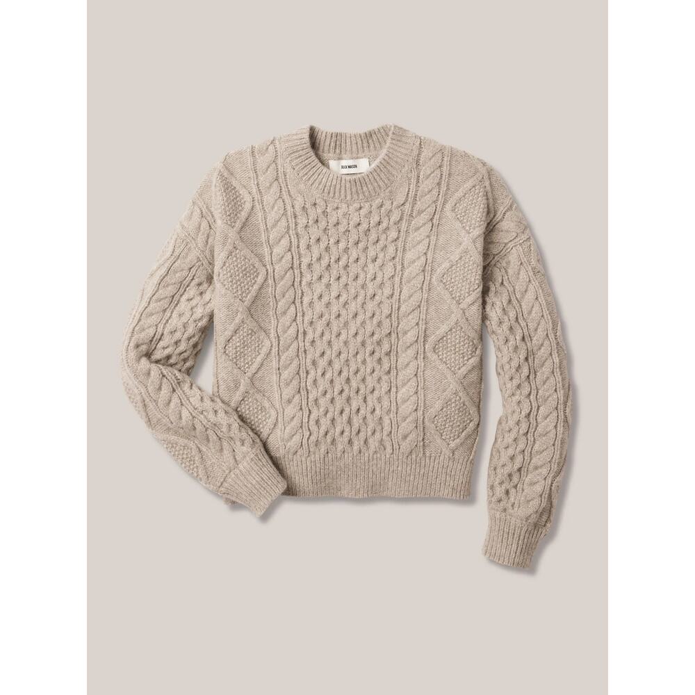 Buck Mason Aplaca Blend Cable Knit Highland Crew Neck Crop Sweater Oatmeal